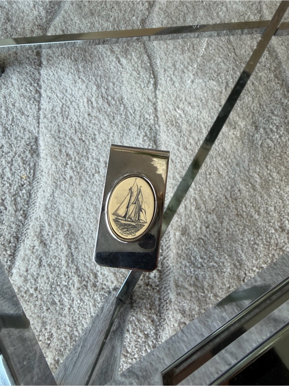Antique Silver-Tone Men's Money Clip with Nautical Ship Emblem